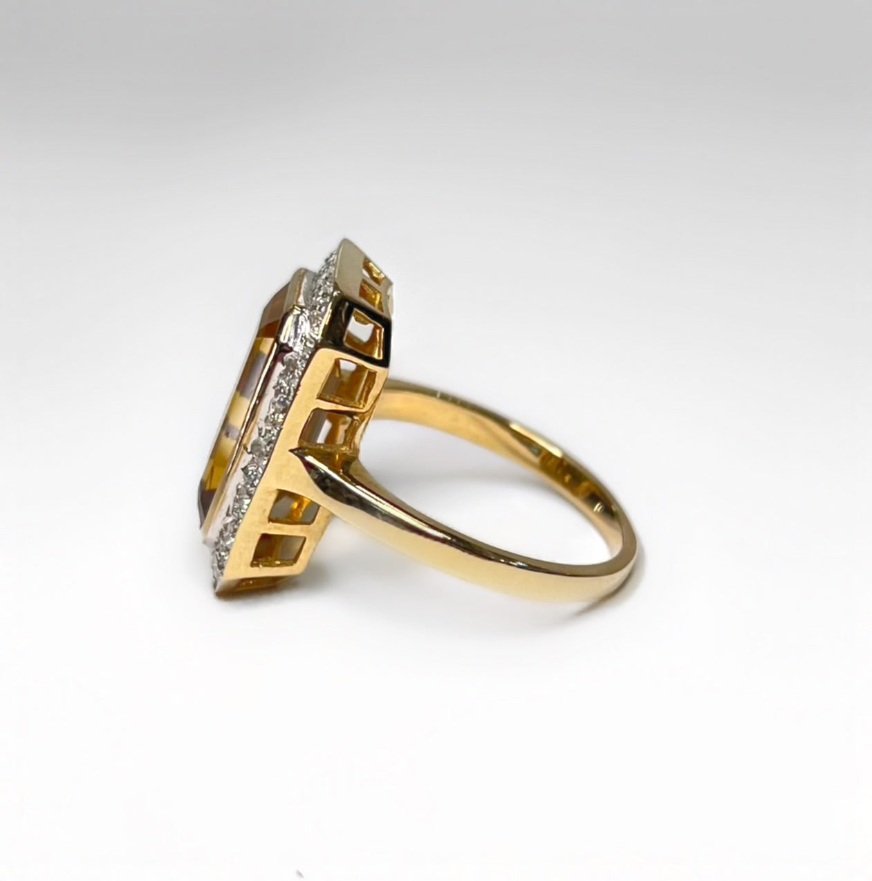 Art Deco Inspired 9ct Yellow Gold Madeira Citrine and Diamond Halo Cocktail Ring - Size N ½