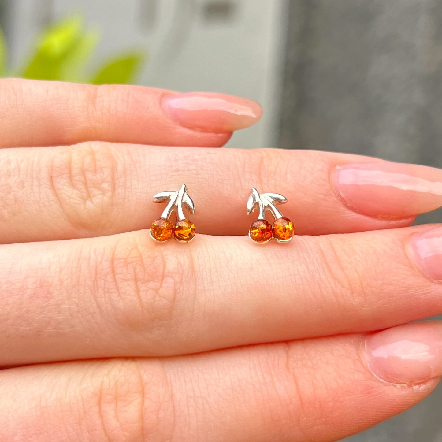 Sterling Silver Orange Amber Cherries Small Stud Earrings