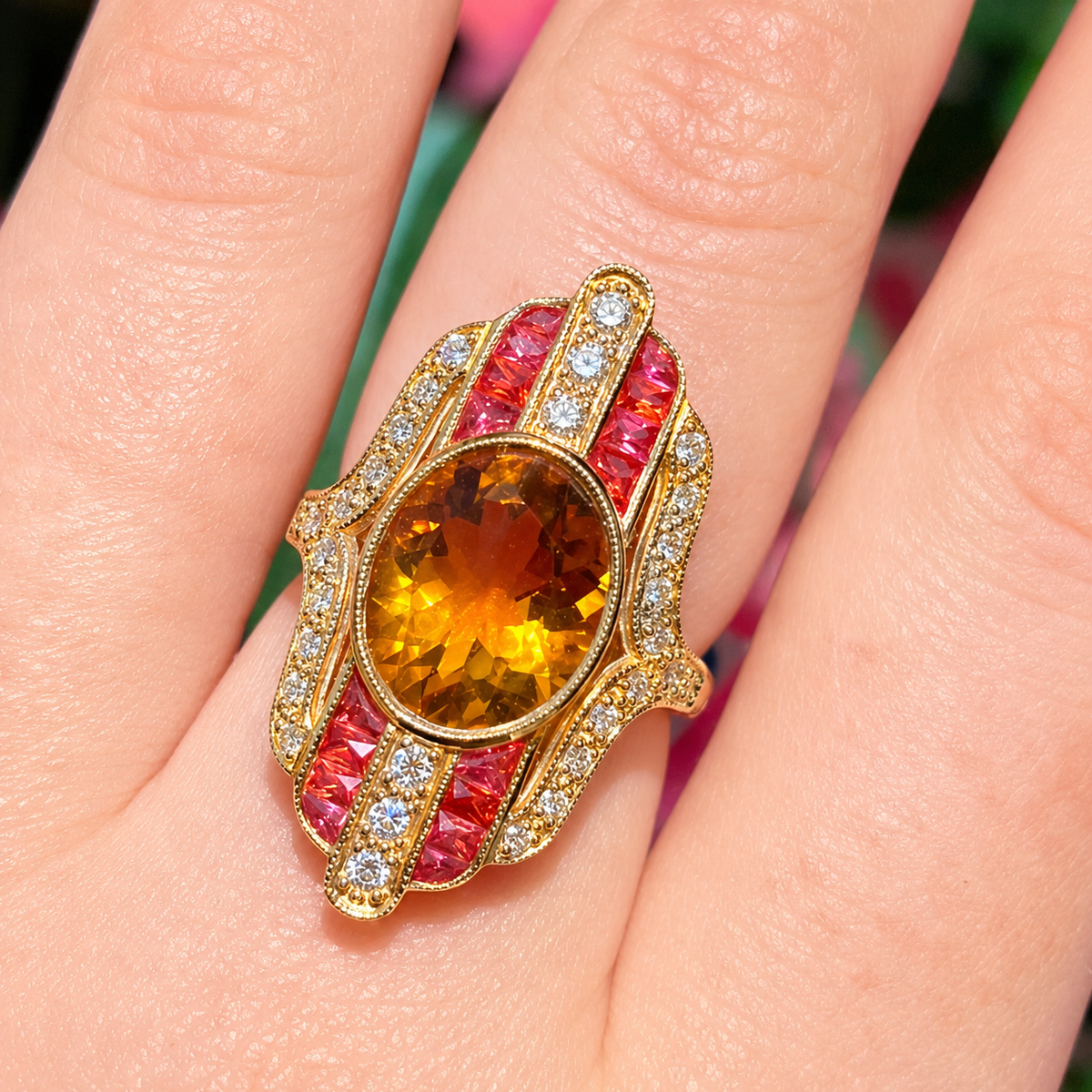 'The Soleil' Citrine, Orange Sapphire and Diamond 18ct Yellow Gold Cocktail Ring | Size M ½