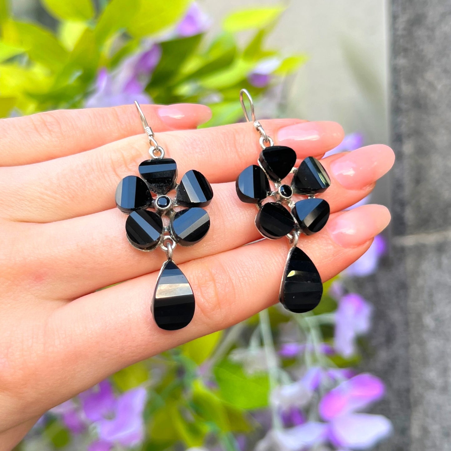 Sterling Silver Black Onyx Flower Drop Earrings