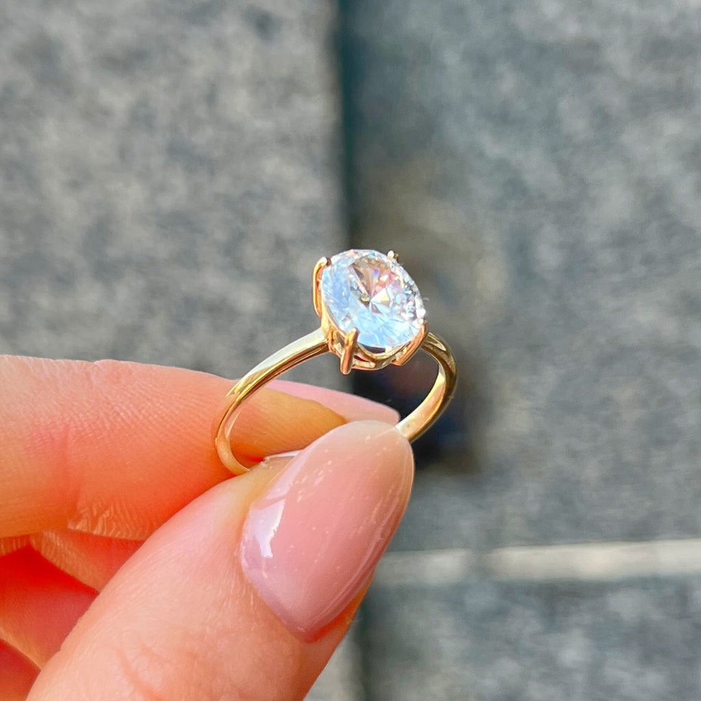 Oval Cut Claw Set Solitaire Cubic Zirconia 9ct Yellow Gold Ring | Size N