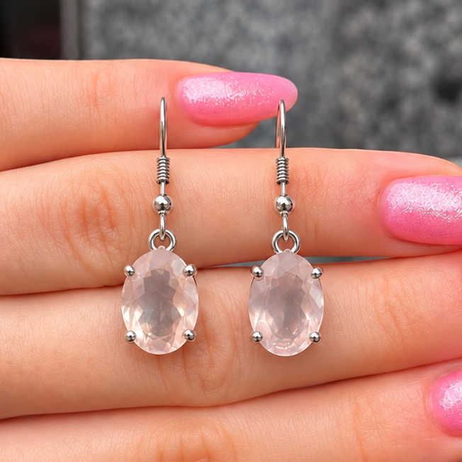 Rose Quartz Sterling Silver Oval Faceted Drop Earrings