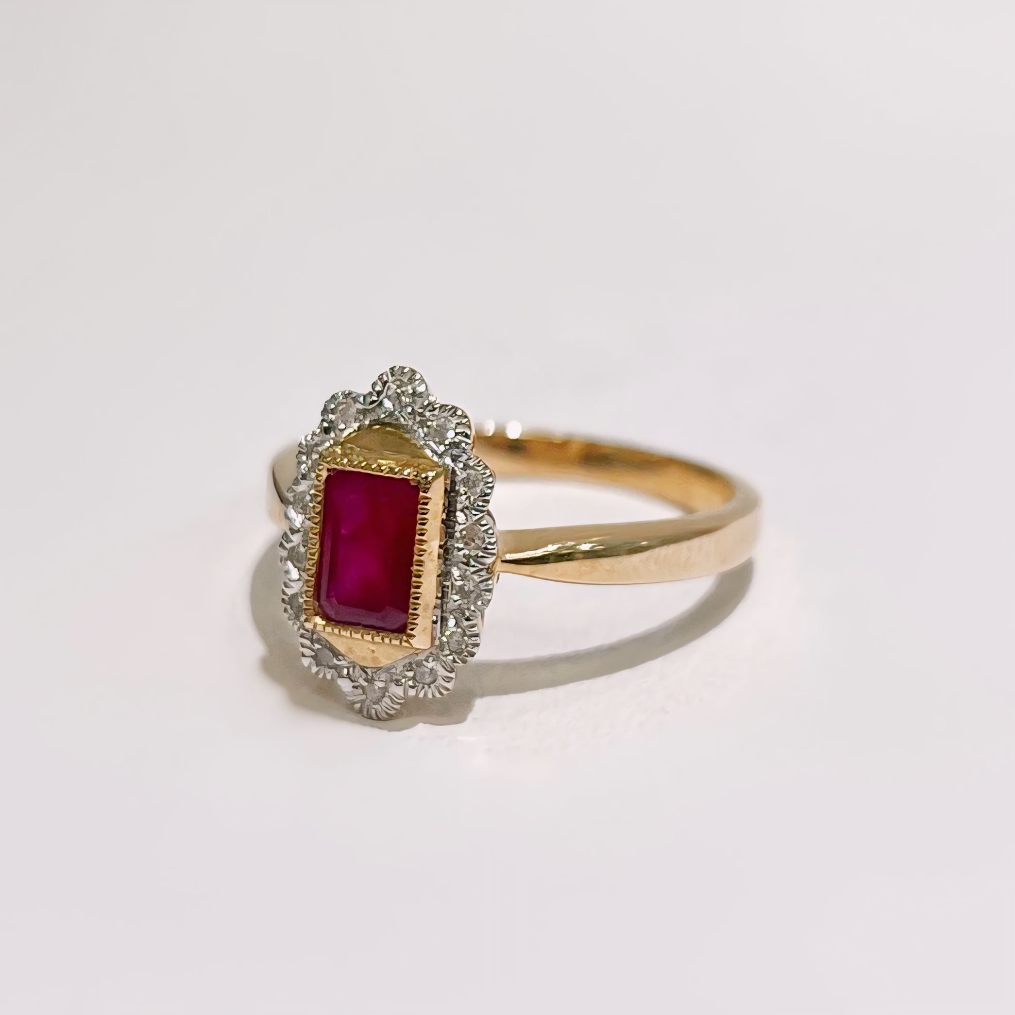'The Snow' Ruby and Diamond 9ct Yellow Gold Ring | Size N ½