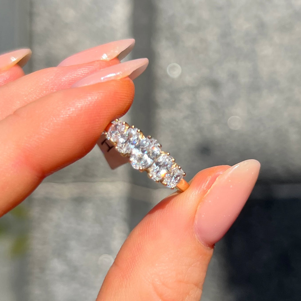 Oval Cut Five Stone Cubic Zirconia 9ct Yellow Gold Ring | Size M ½