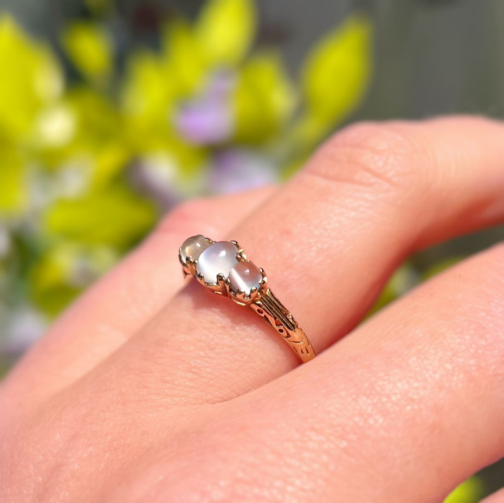 Antique Inspired Moonstone Dainty 9ct Yellow Gold Trilogy Ring | Size M