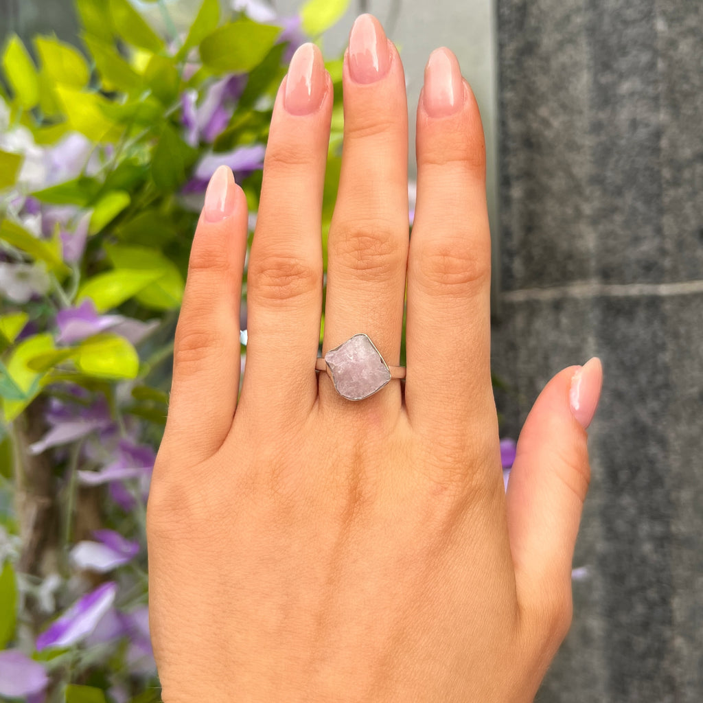 Square Rough Cut Rose Quartz Sterling Silver Ring | Size O
