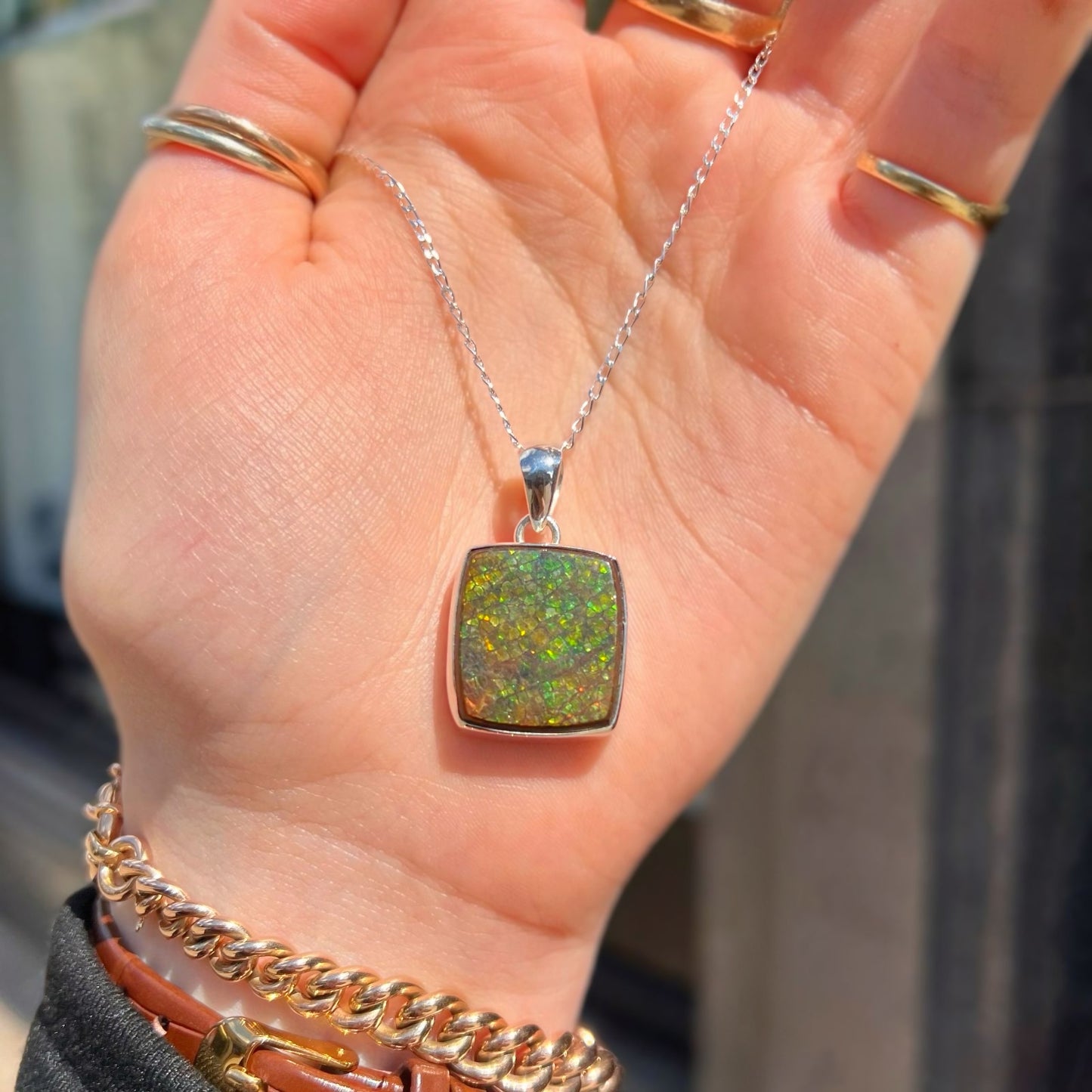 RARE Sterling Silver Fossilied Ammolite Square Shaped Necklace