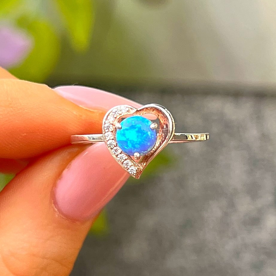 Sterling Silver Heart Design Blue Opal & Cubic Zirconia Ring - Size O