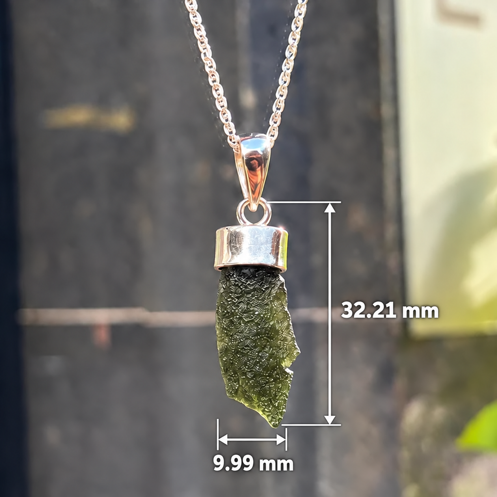 Rough Cut Green Moldavite Sterling Silver Pendant