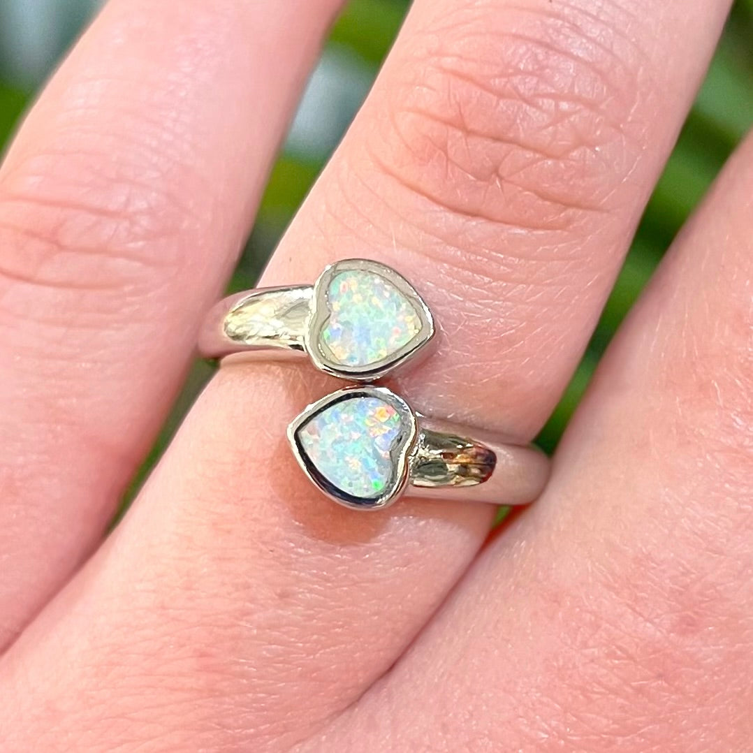 Sterling Silver Two Hearts White Opal Ring - Adjustable Size