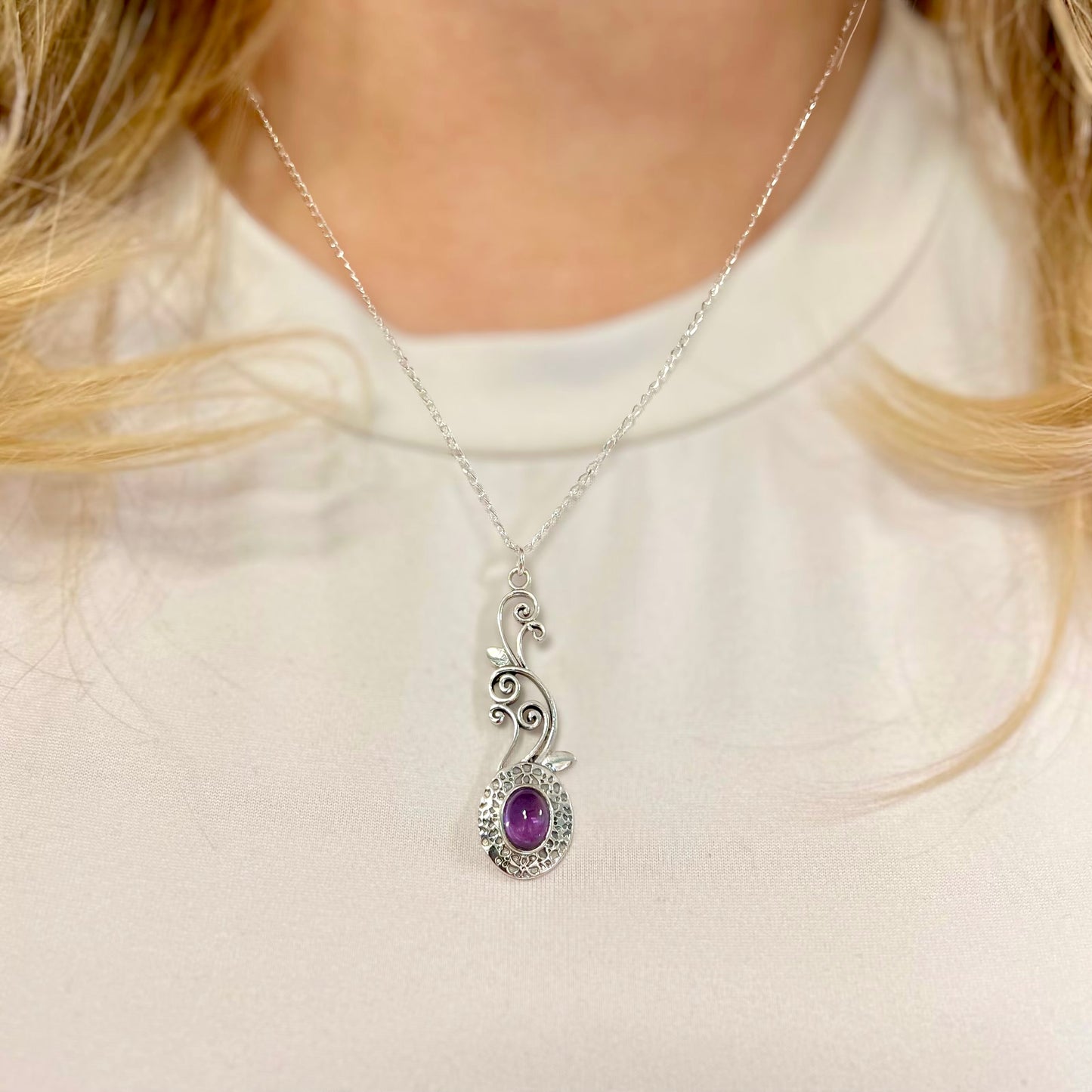 Nature Inspired Sterling Silver Amethyst Cabochon Necklace