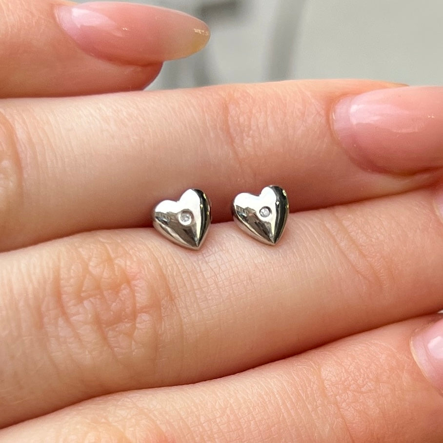 ‘D For Diamond’ Sterling Silver Mini Heart Diamond Stud Earrings