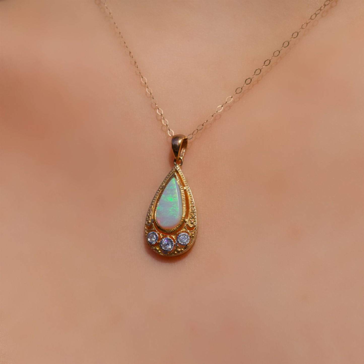 Intriguing Art Deco Inspired 9ct Yellow Gold Opal and Diamond Necklace