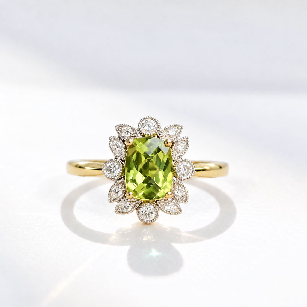 Peridot and Diamond 9ct Yellow Gold Ring | Size N