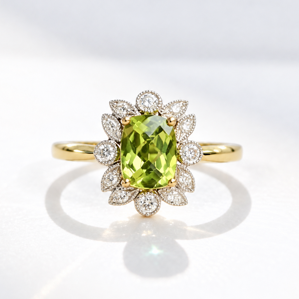 Peridot and Diamond 9ct Yellow Gold Ring | Size N
