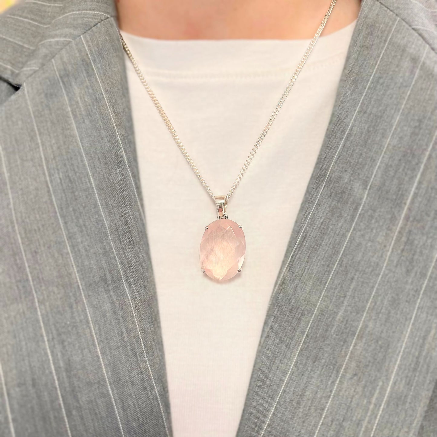 Pink Rose Quartz Sterling Silver Pendant & Chain