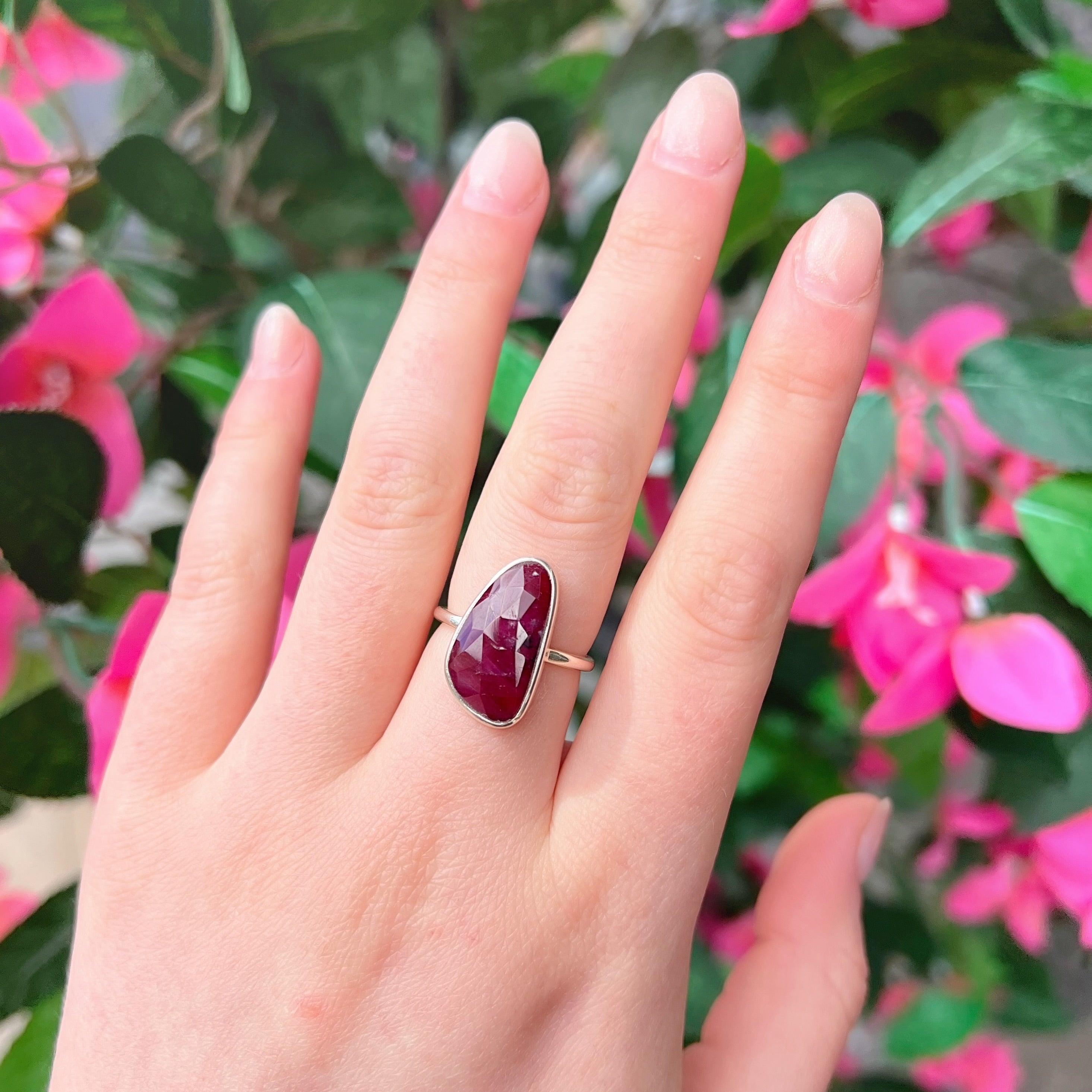 Rare Checkerboard Faceted Irregular-Shaped Ruby Sterling Silver Ring | Size O