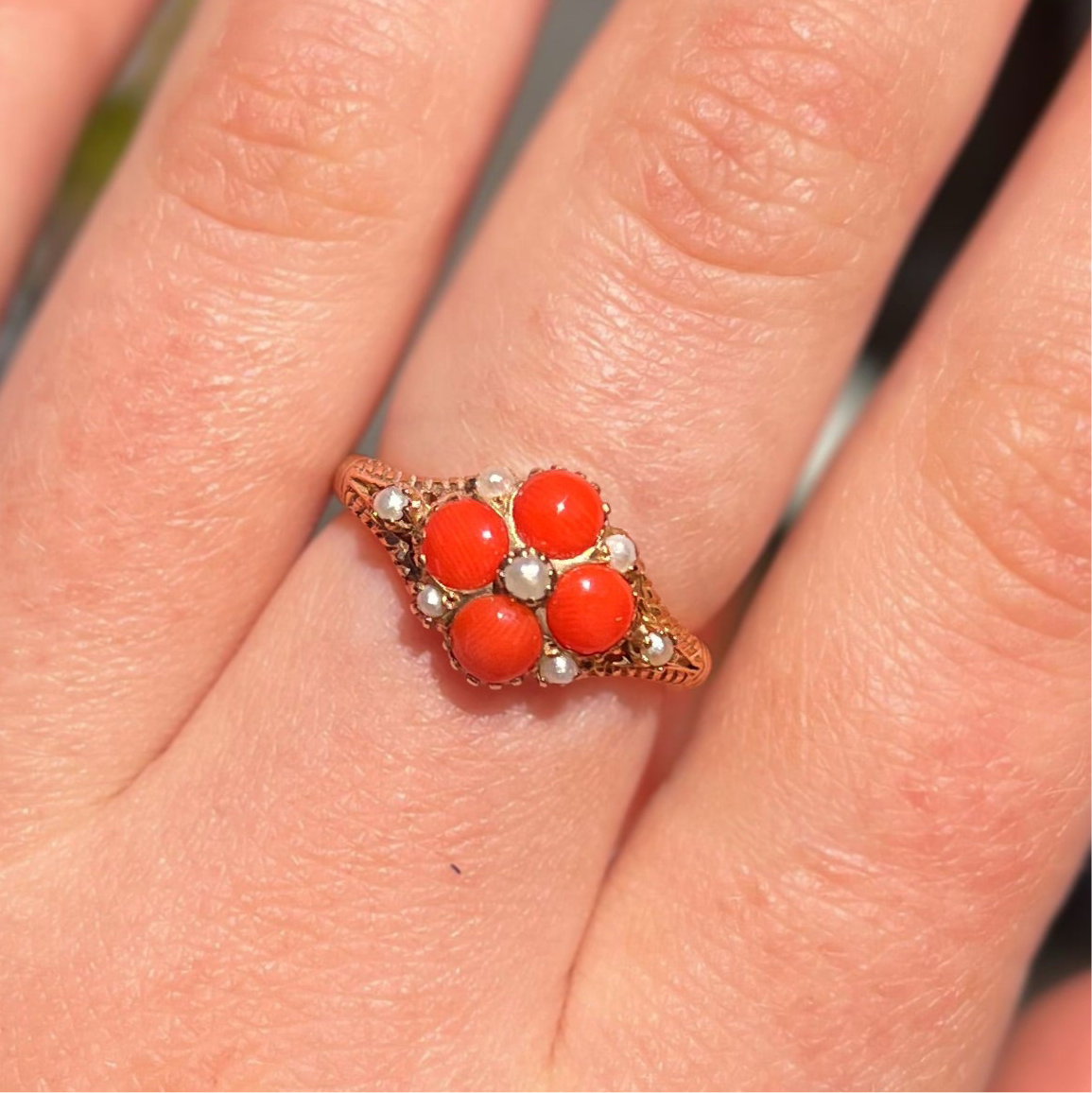 Victorian Inspired Coral and Seed Pearl 9ct Yellow Gold Forget-me-not Ring | Size M ½