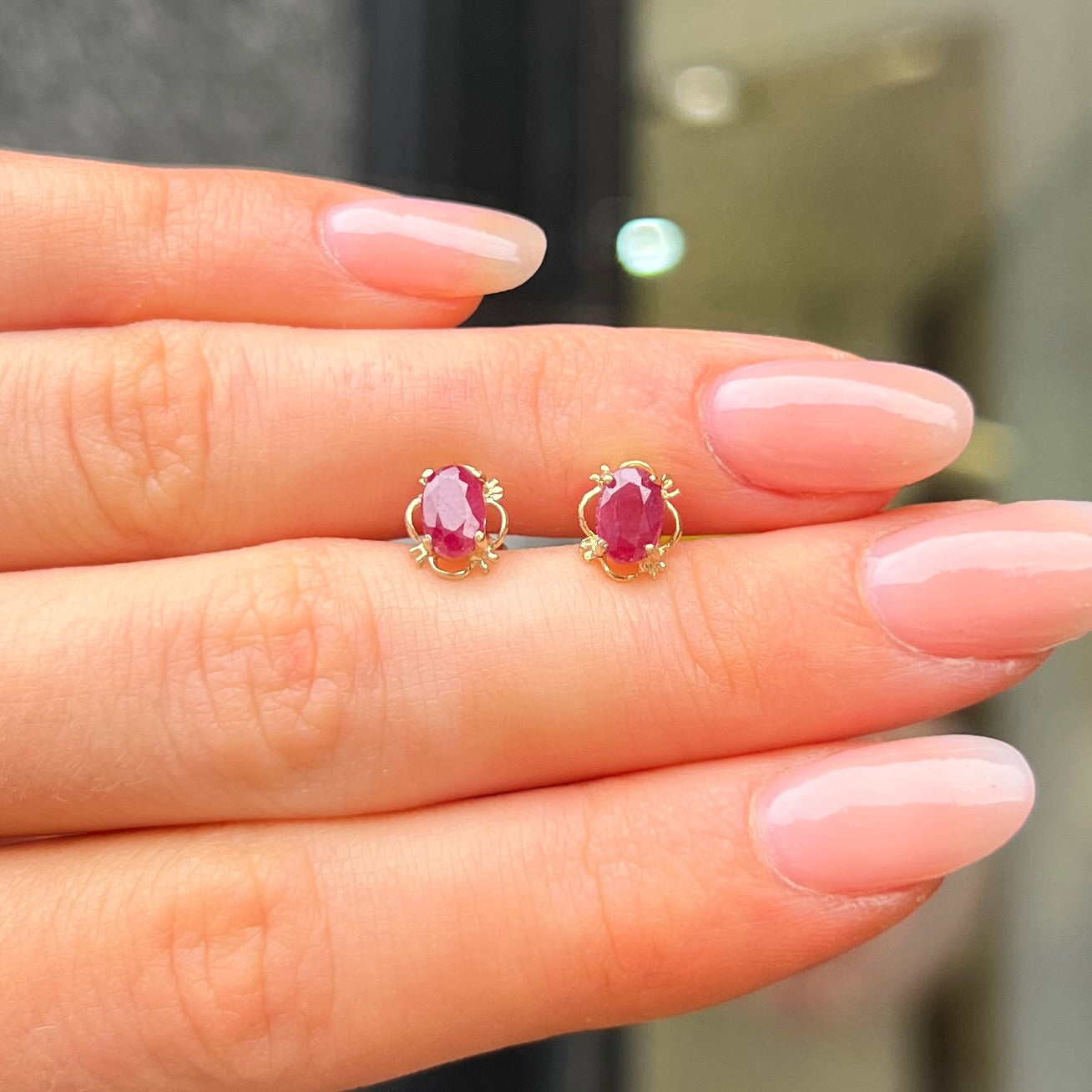 Pink Ruby Oval Cut 9ct Yellow Gold Dainty Stud Earrings