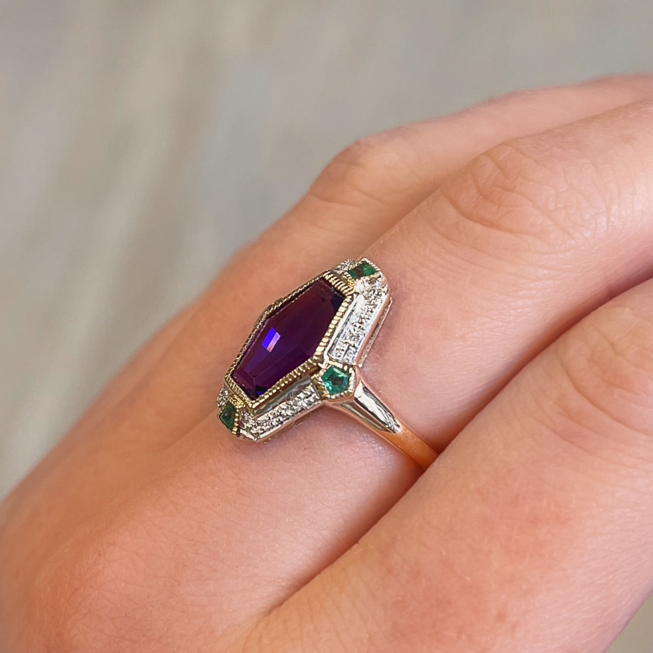 Art Deco Inspired 9ct Yellow Gold Amethyst Emerald and Diamond Ring- Size N