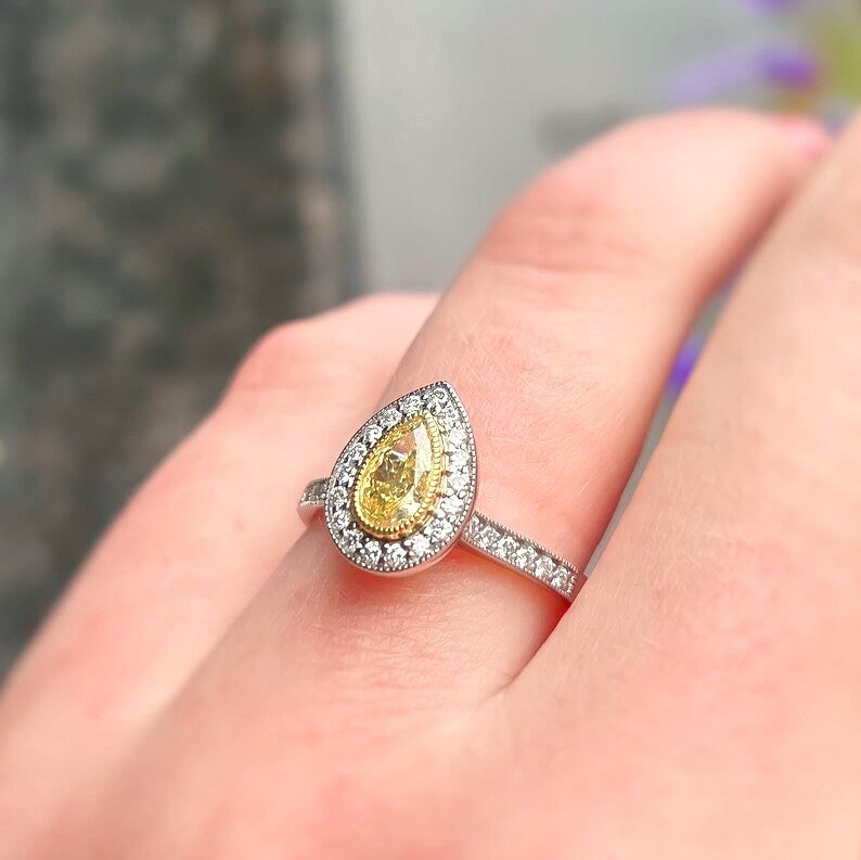 Rare Canary Lemon Yellow Diamond Pear Halo Platinum Ring | Size M