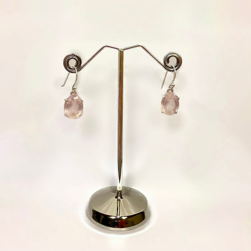 Rose Quartz Sterling Silver Oval Faceted Drop Earrings