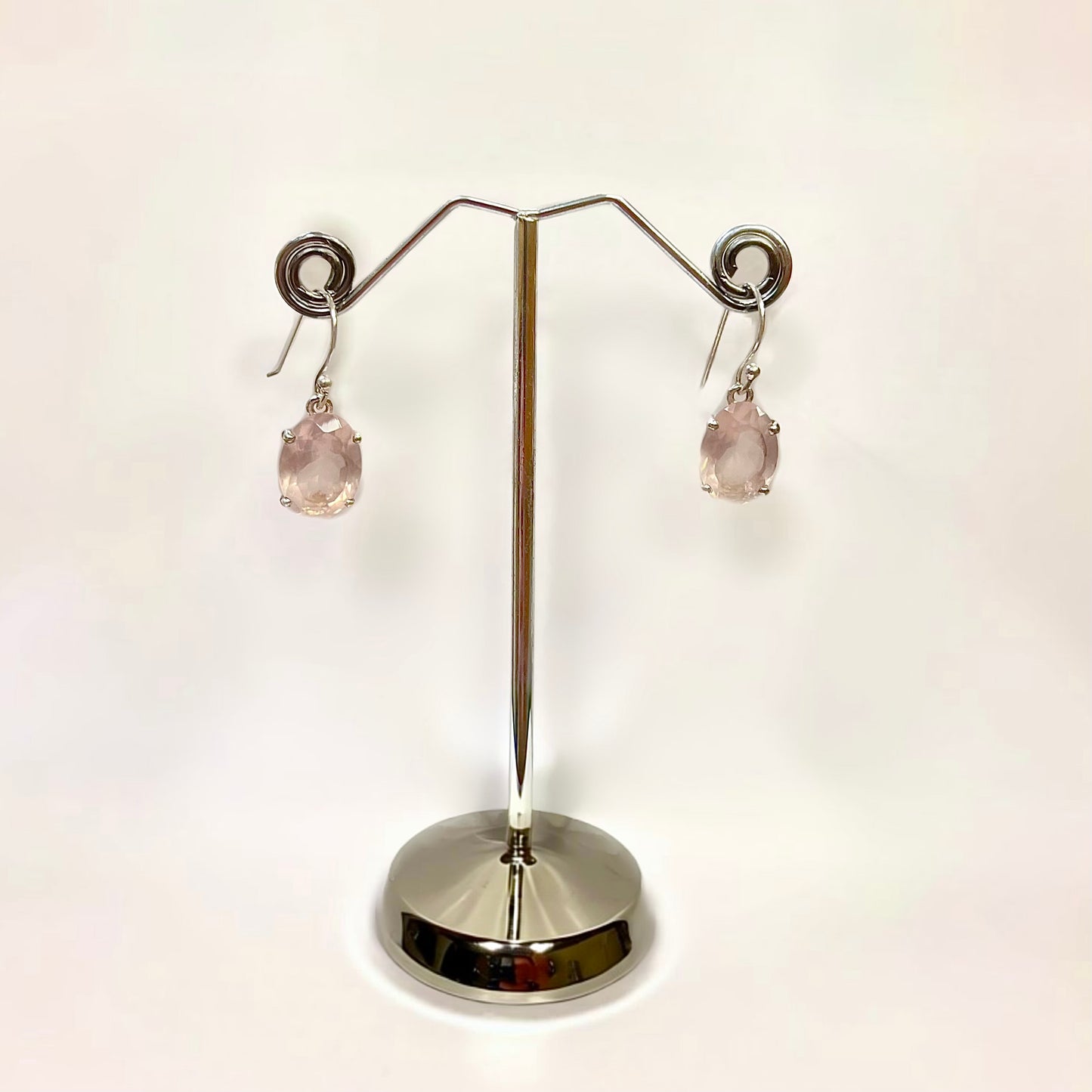 Pink Rose Quartz Sterling Silver Oval Faceted Drop Earrings