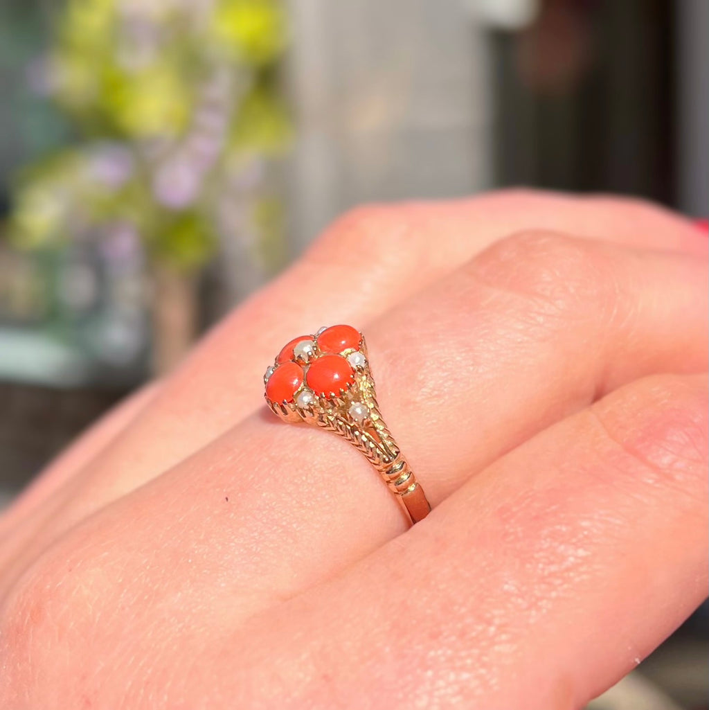 Victorian Inspired Coral and Seed Pearl 9ct Yellow Gold Forget-me-not Ring | Size M ½