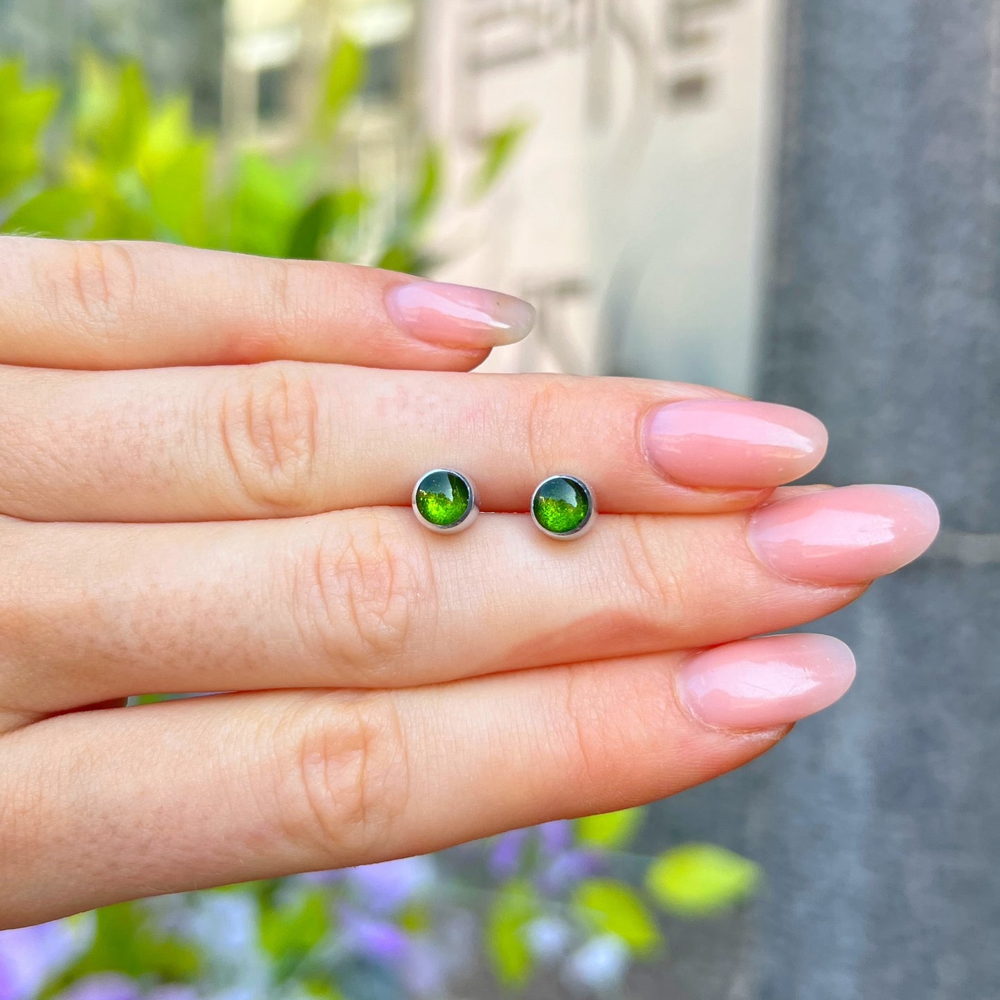 ‘Watch This Space’ Small Green Round Stud Earrings