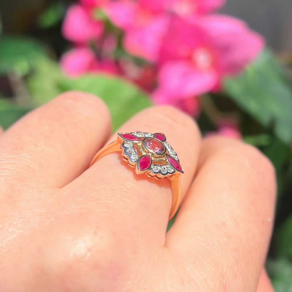 Edwardian Reproduction Pink Tourmaline, Ruby and Diamond 9ct Yellow Gold Ring | Size O