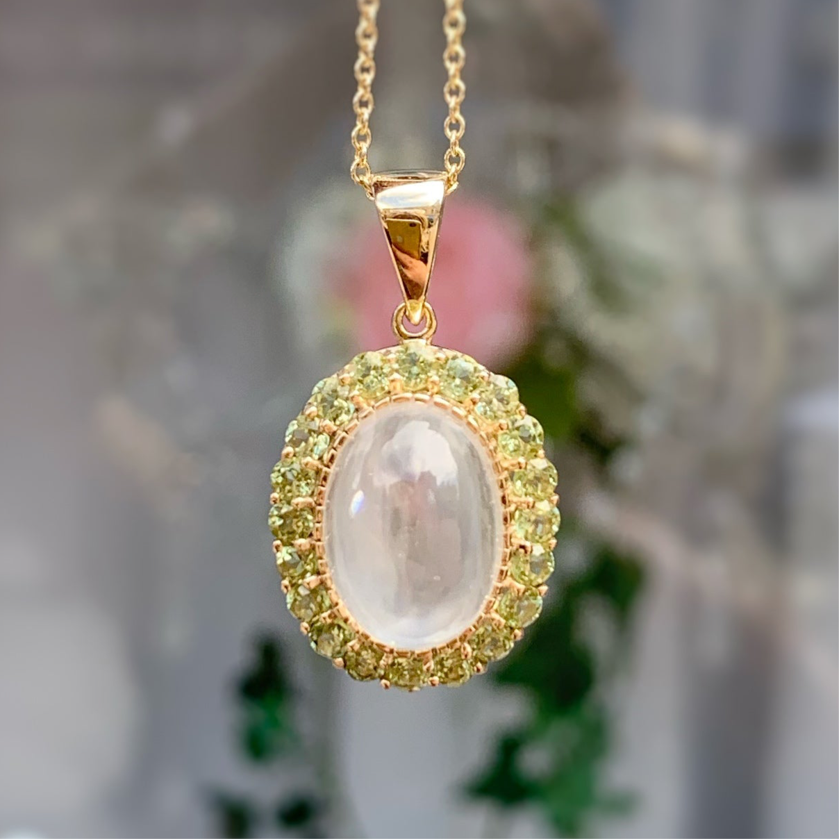 9ct Yellow Gold Moonstone and Peridot Halo Necklace