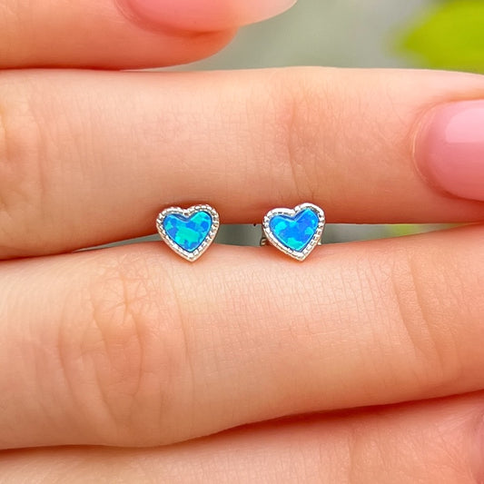 Sterling Silver Blue Opal Heart Stud Earrings