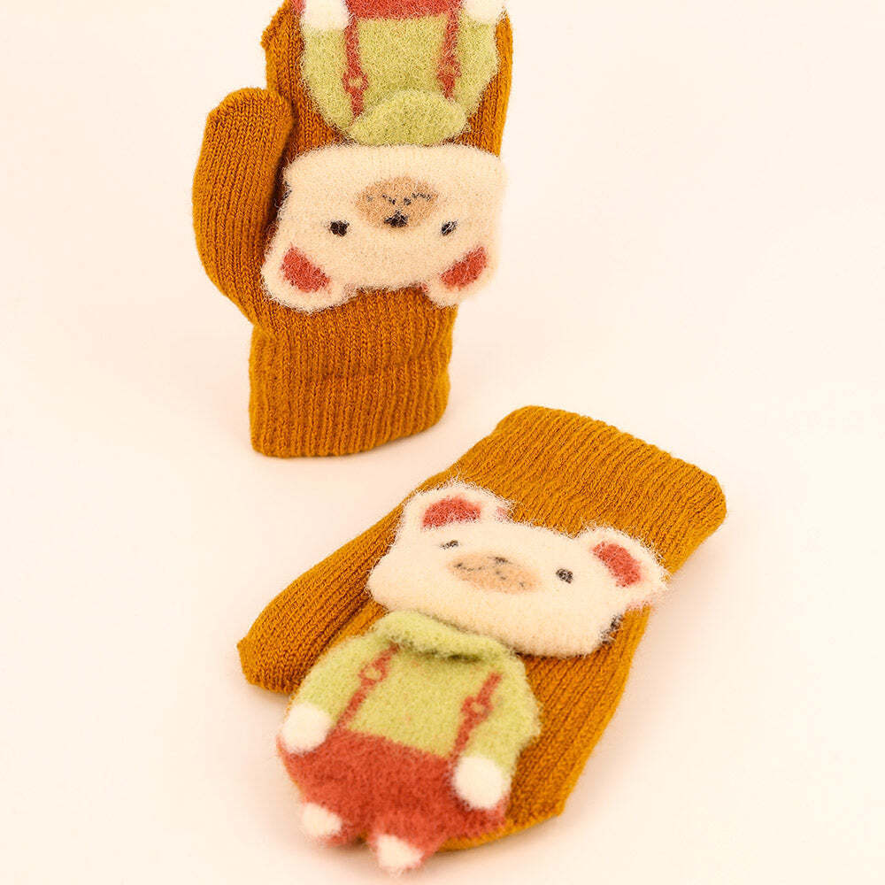 Kids Cosy Faux Fur Lined Bear Knitted Mittens - Orange | Powder Accessories