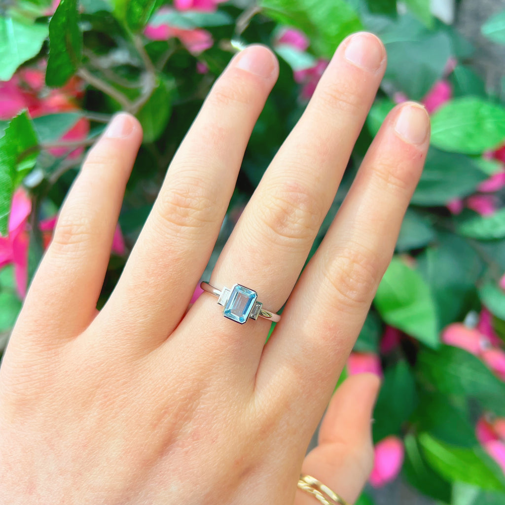 Emerald-Cut Aquamarine and Baguette-Cut Diamond 18ct White Gold Trilogy Ring | Size N