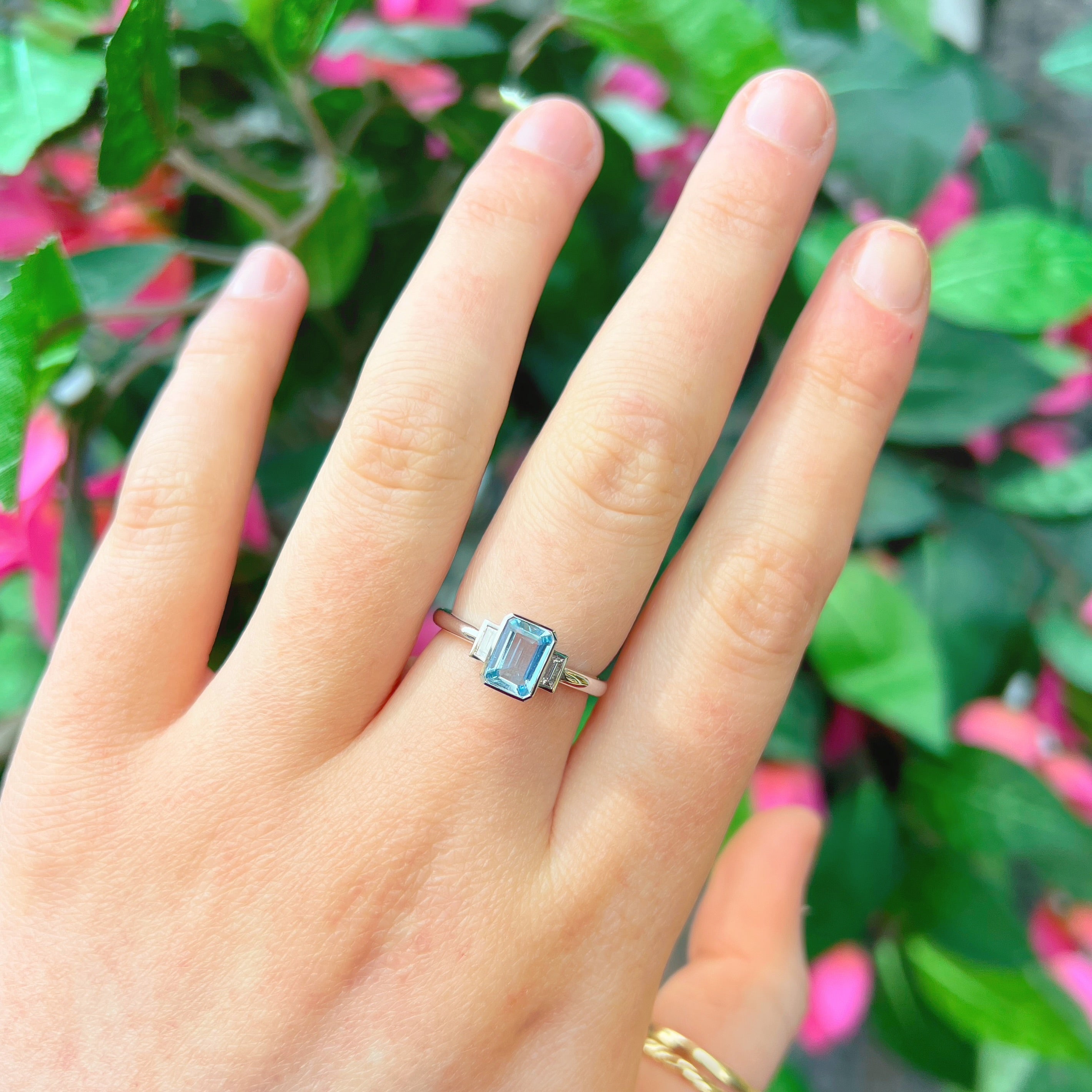 Emerald-Cut Aquamarine and Baguette-Cut Diamond 18ct White Gold Trilogy Ring | Size N