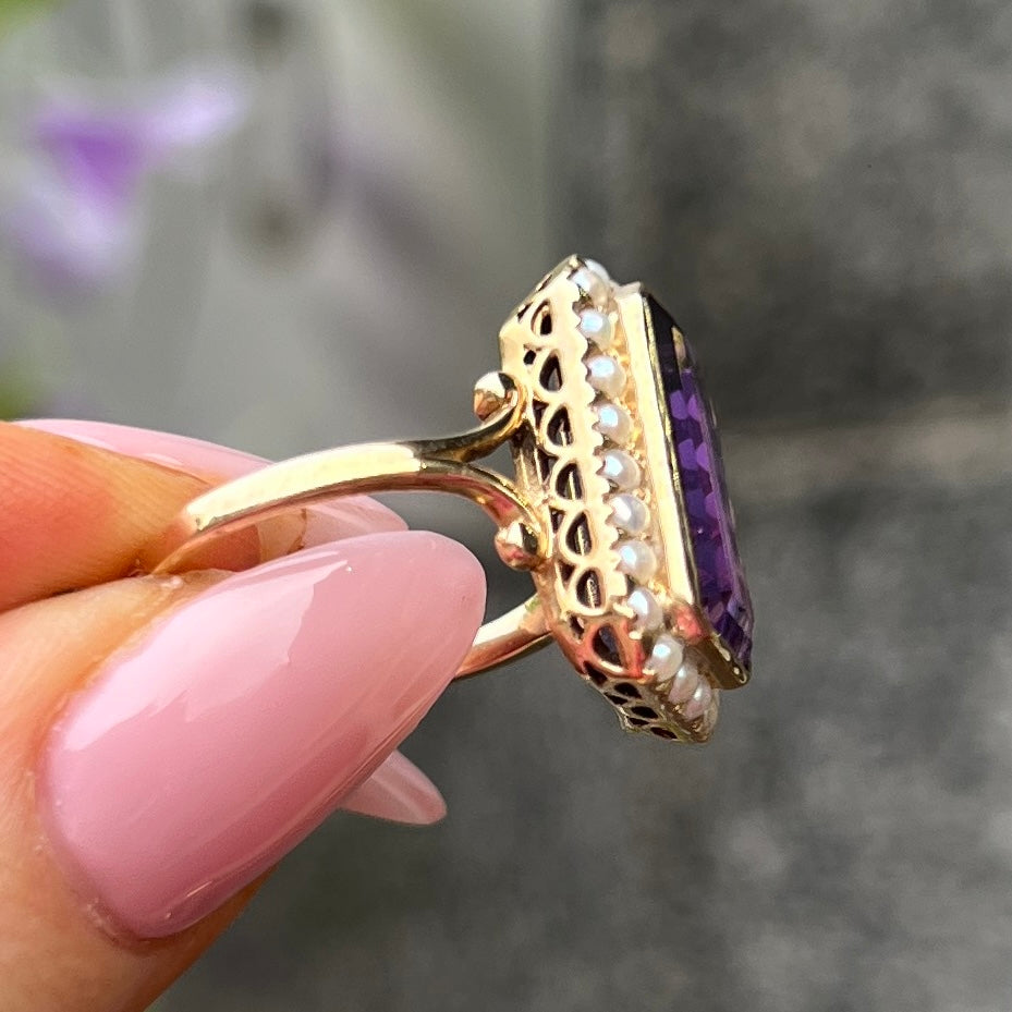Amethyst & Pearl 9ct Yellow Gold Ring | Size N