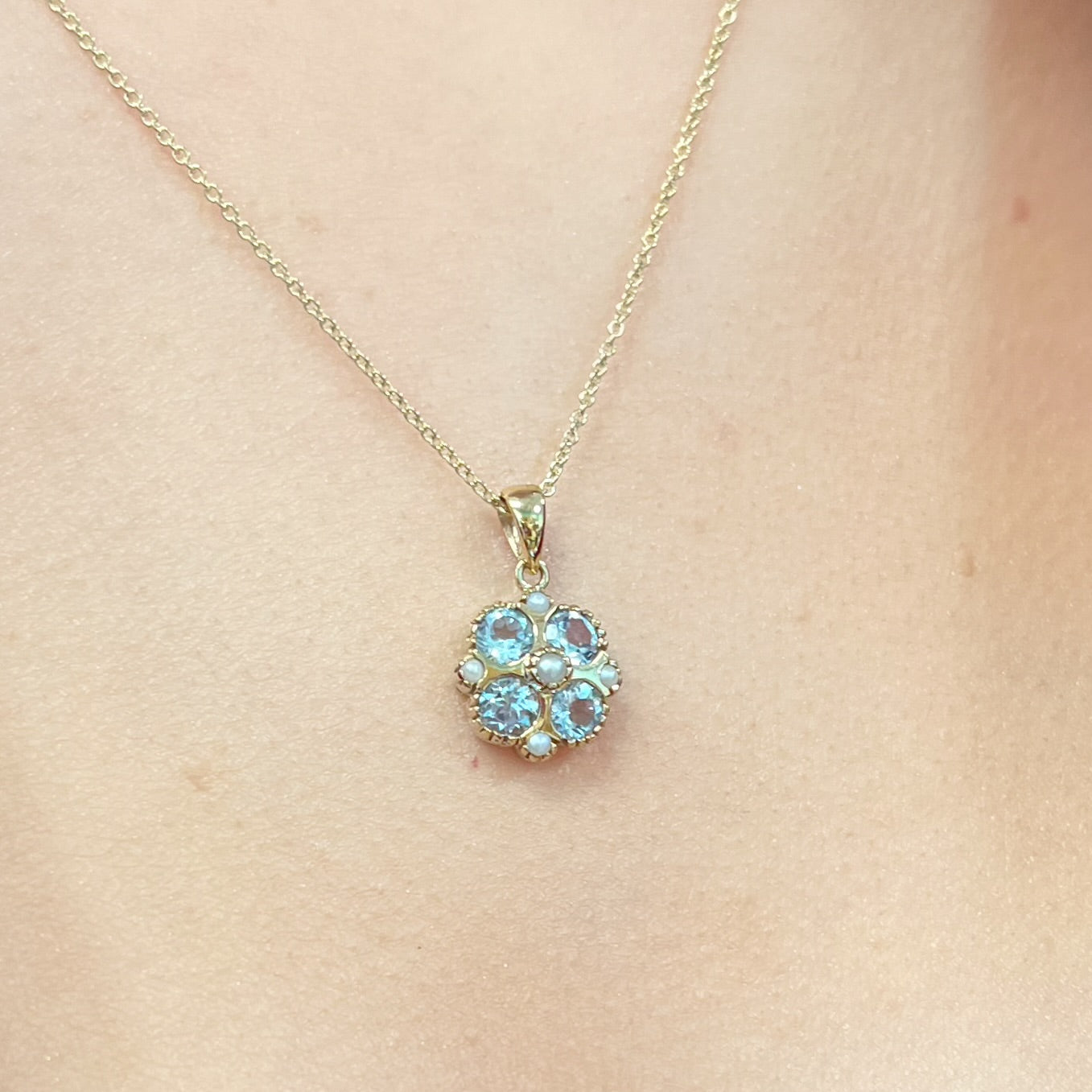 Aquamarine and Seed Pearl 9ct Yellow Gold Necklace