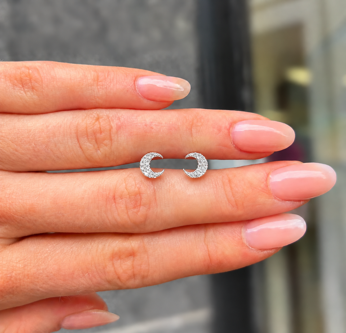 Cubic Zirconia Sterling Silver Half Moon Stud Earrings