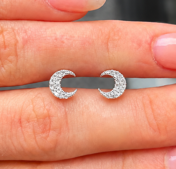Cubic Zirconia Sterling Silver Half Moon Stud Earrings
