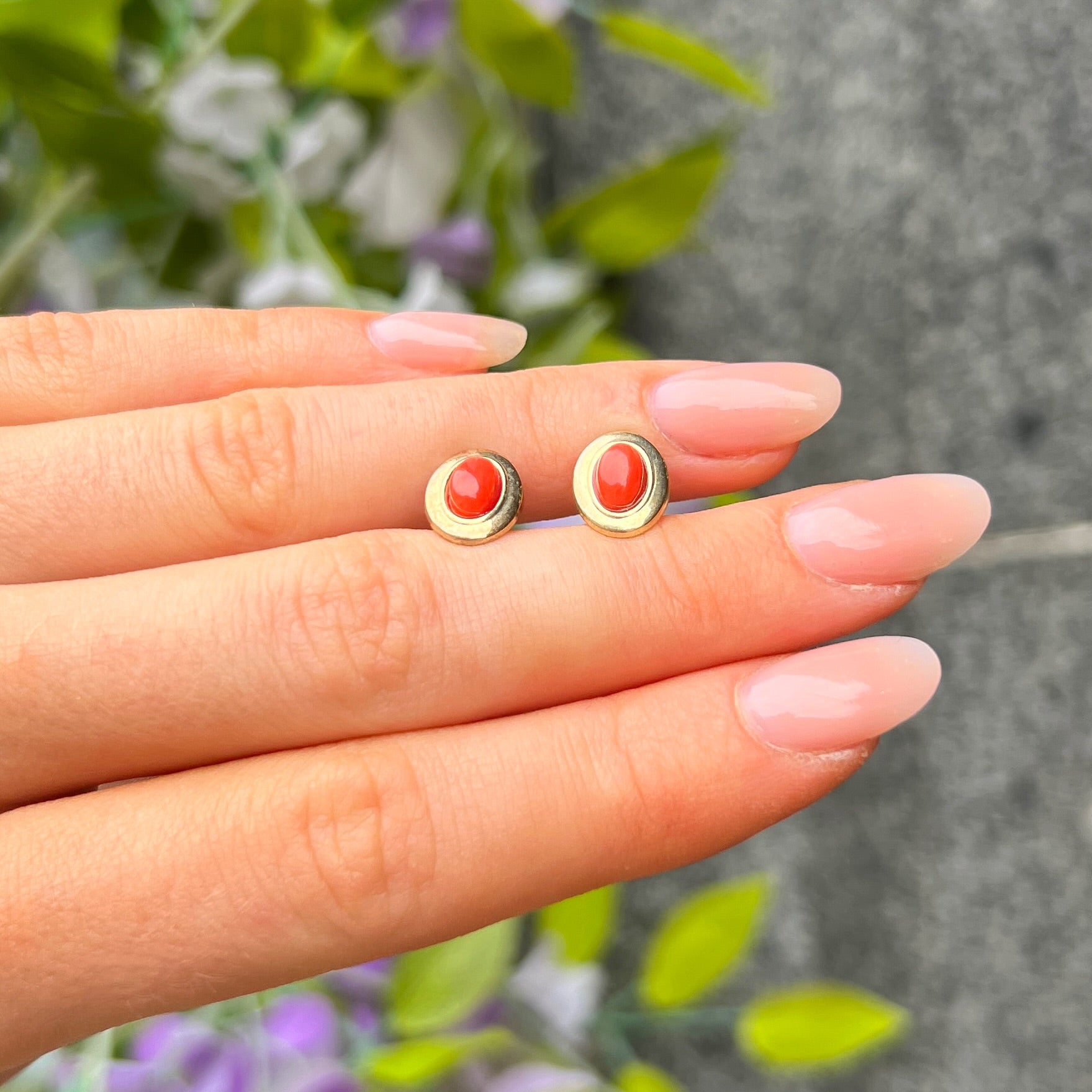 Rare Oval Coral 9ct Yellow Gold Stud Earrings