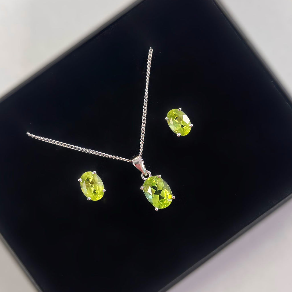Oval Claw Set Peridot Sterling Silver Necklace and Earring Set