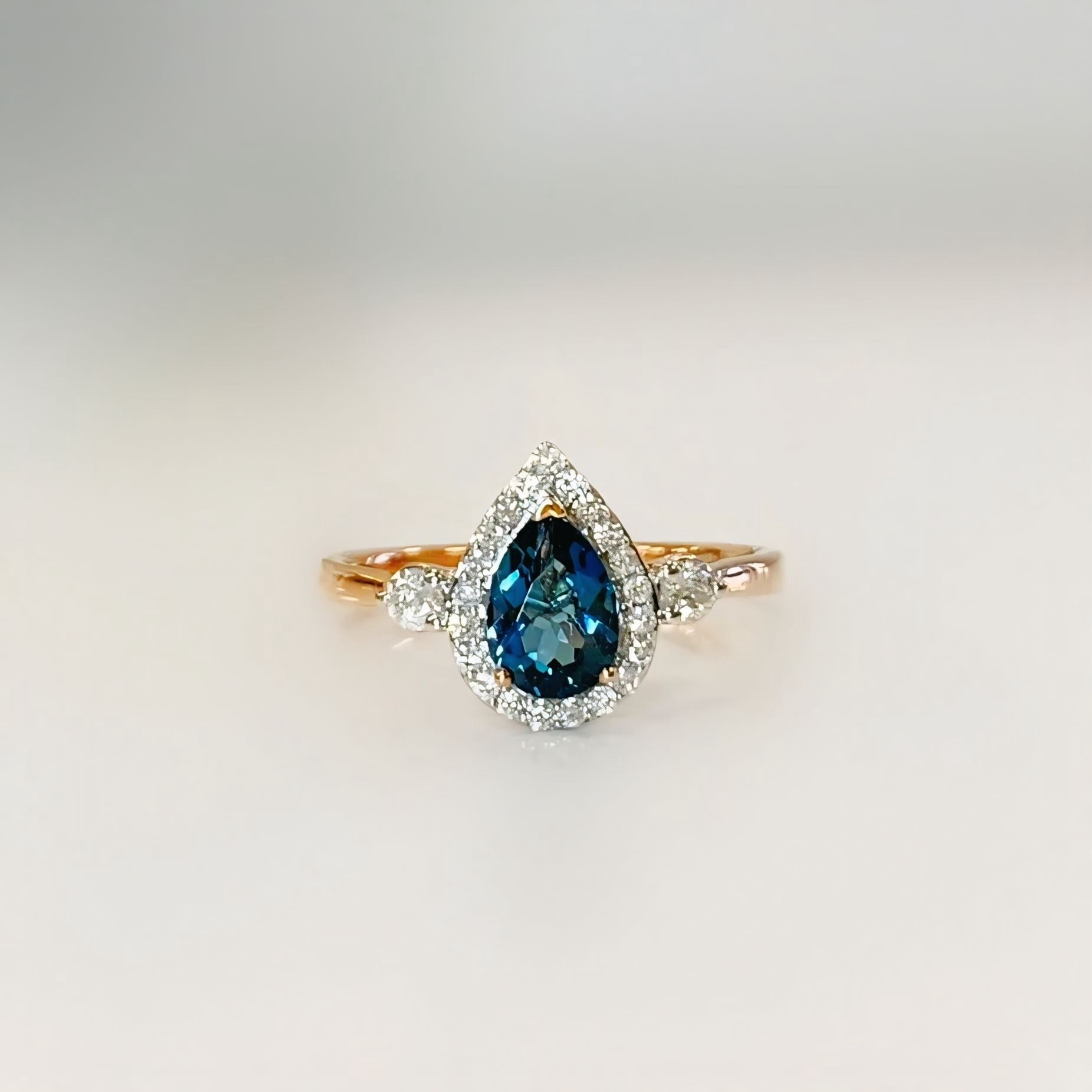 London Blue Topaz and Diamond 9ct Rose Gold Ring | Size M