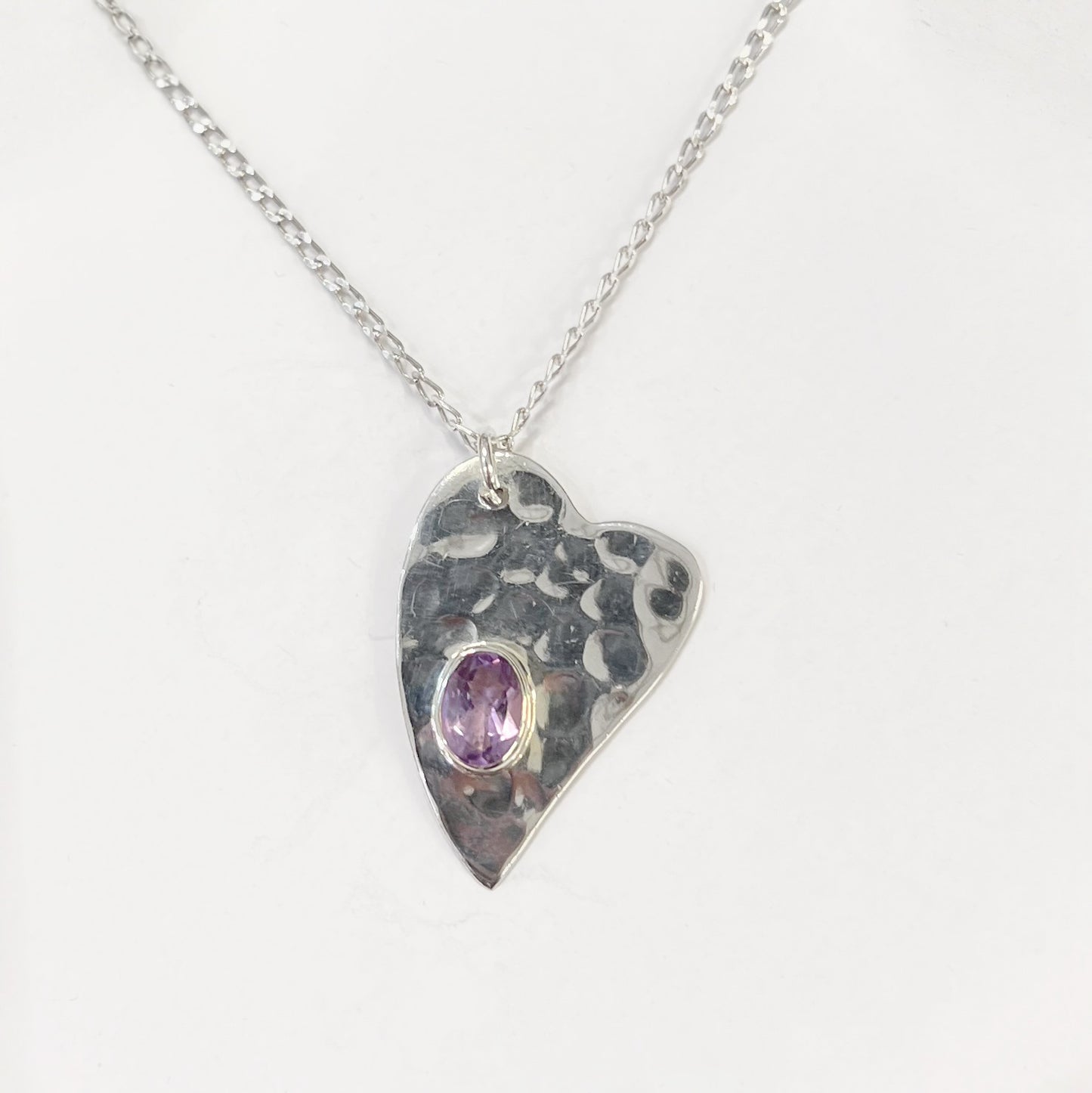 Sterling Silver Amethyst Hammered Heart Necklace