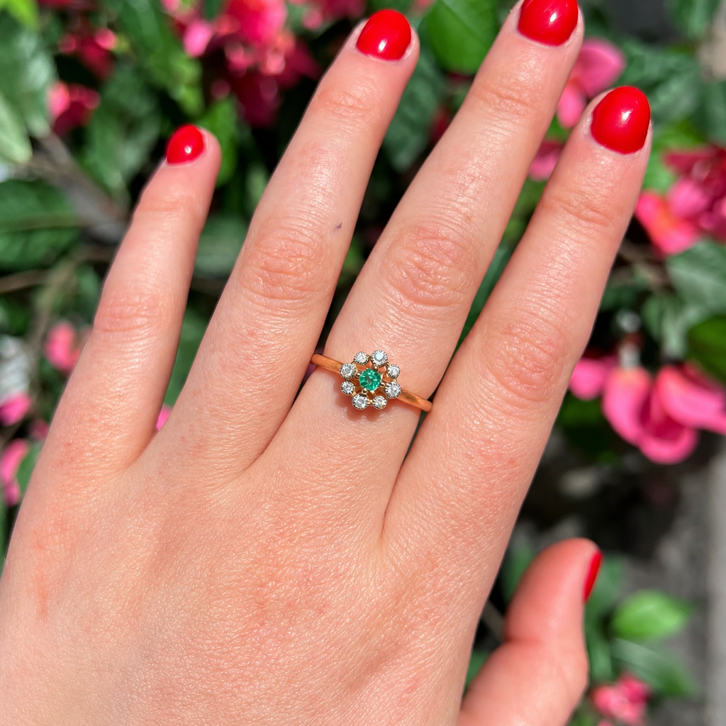 Emerald and Diamond 9ct Yellow Gold Flower Ring | Size O ½