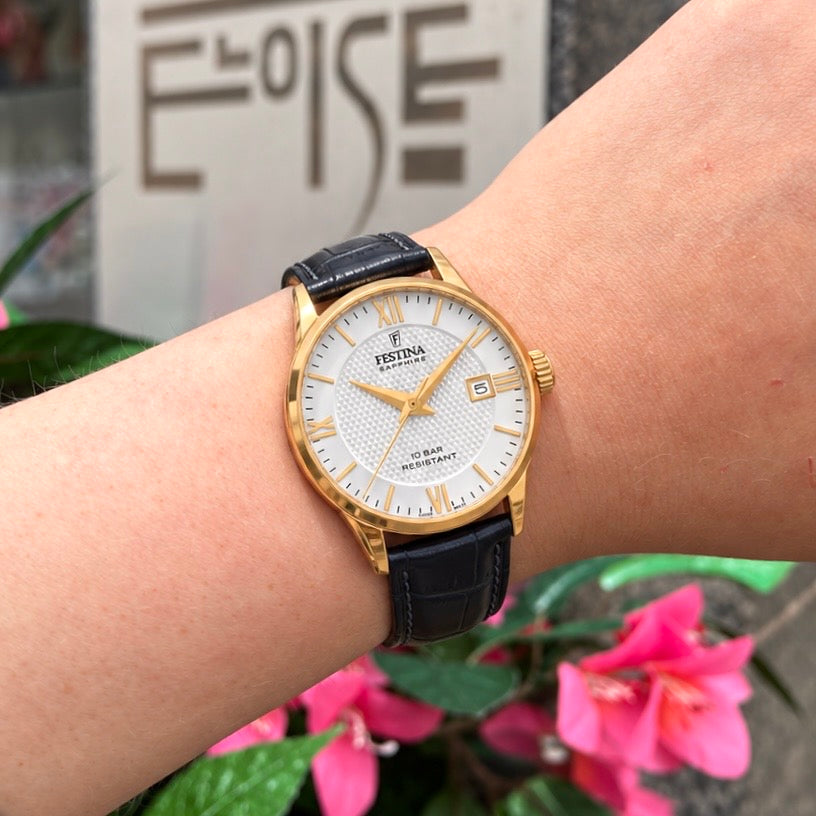 Festina | Swiss Gold Steel Black Leather Strap Watch | Ladies
