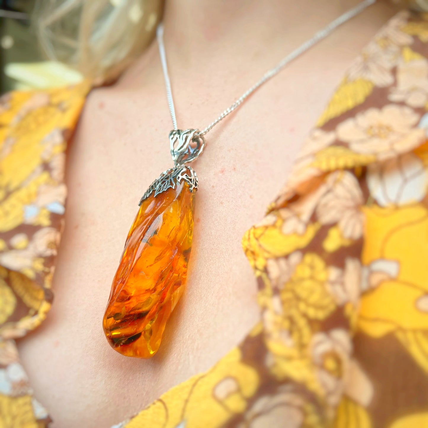 Rare Sterling Silver Orange Amber Prehistoric Fossilised Spider Pendant