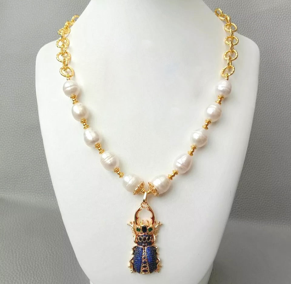 Pre-Order | Blue Pave Scarab Beetle Pearl 18ct Gold Plated Necklace