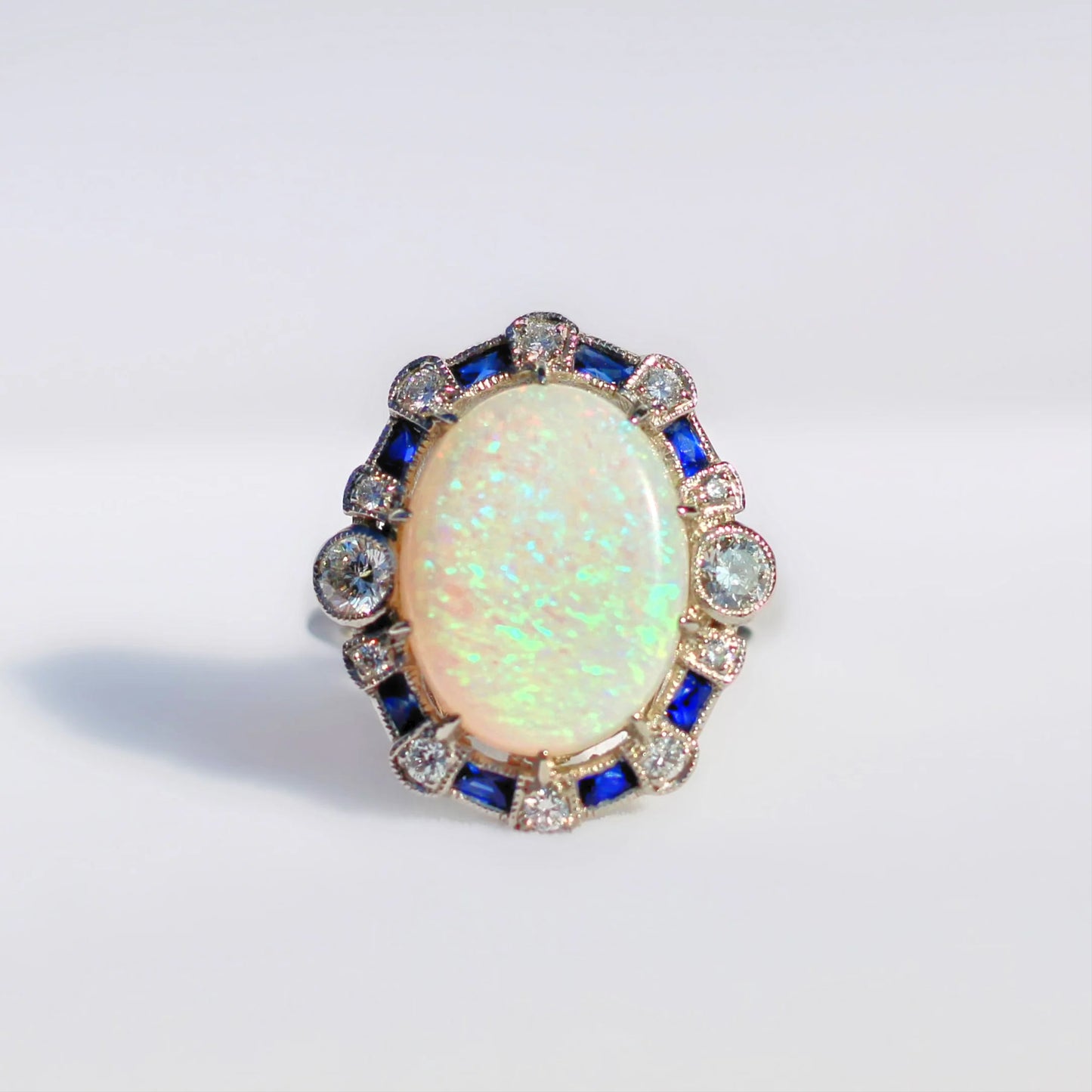 Platinum Opal, Sapphire and Diamond Art Deco Reproduction Ring - Size N ½