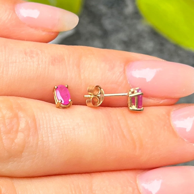 Pink Ruby Oval Cut 9ct Yellow Gold Dainty Stud Earrings