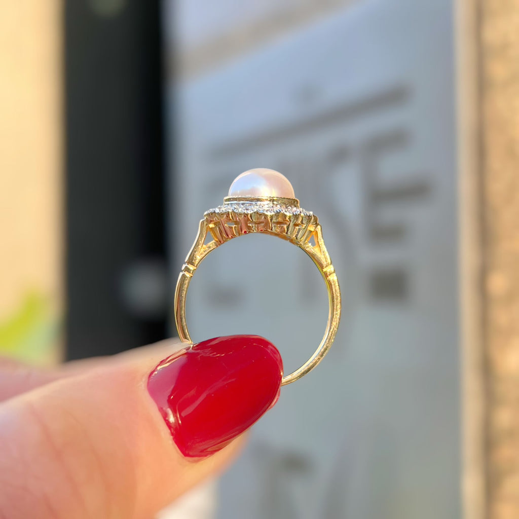 'The Audrey' Pearl and Diamond 9ct Yellow Gold Halo Cluster Ring | Size O